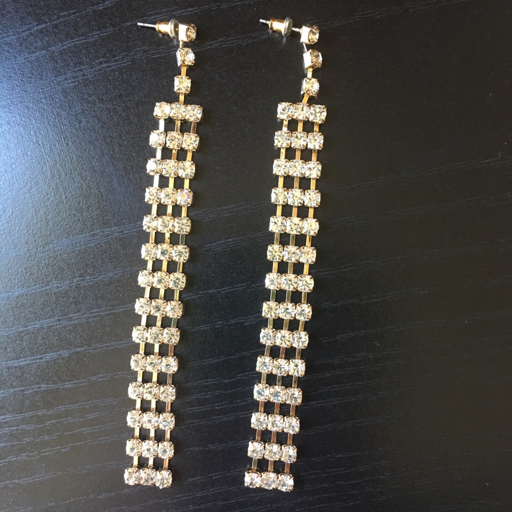 Long Embellished Gold Rhinestone Earrings